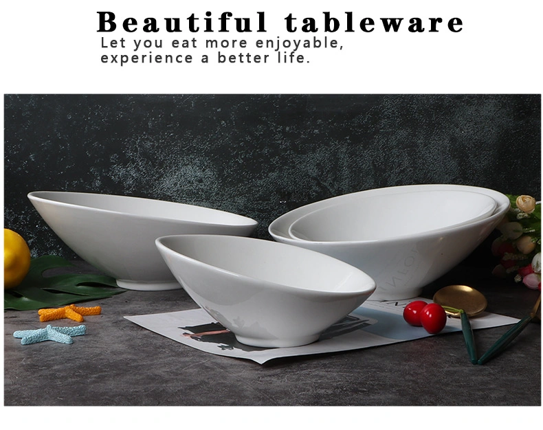Wholesale Hotel White Creative Ceramic Bowl Special Oblique Mouth Bowl for High-End Restaurant