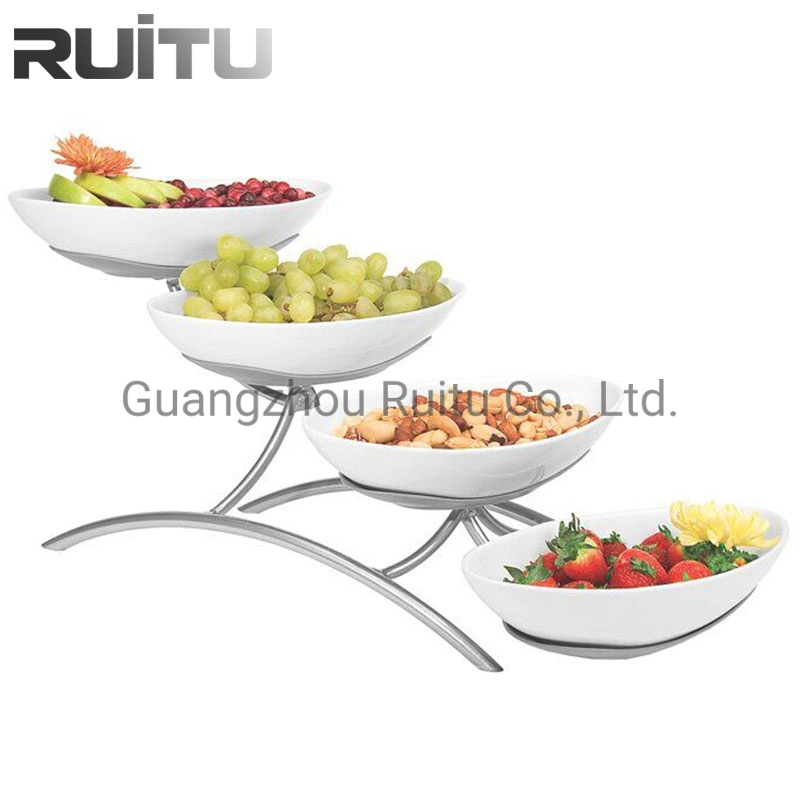 Hotel Restaurant Banquet 4 Tier Shelf Rack Plates Bowls Set Buffet Catering White Serving Food Cake Sanck Dish Salad Ceramic Bowl with Stainless Steel Stand