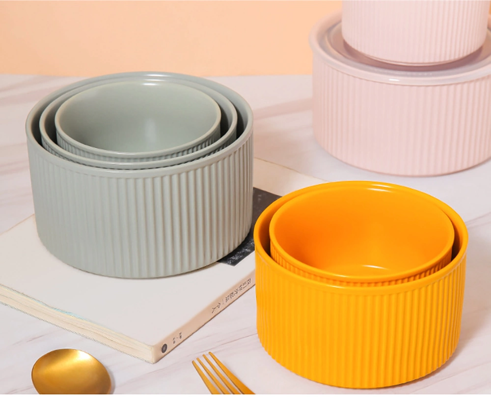 Bowls with Lids Set Simple Pure Color Glaze Straight Pattern Ceramic Fresh-Keeping Bowl Set Friendly Tableware Food Storage Containers with Lid