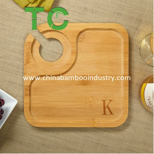 Bamboo Appetizer Tray Party Plate with Wine Glass Holder Cocktail Appetizer Plates with Plates with Beverage Holder