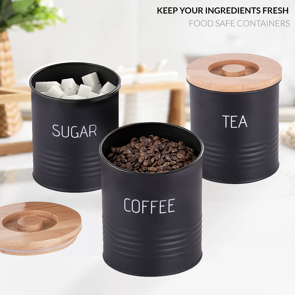 Kitchen Metal Bamboo Lid Tea Coffee Sugar Bins Set