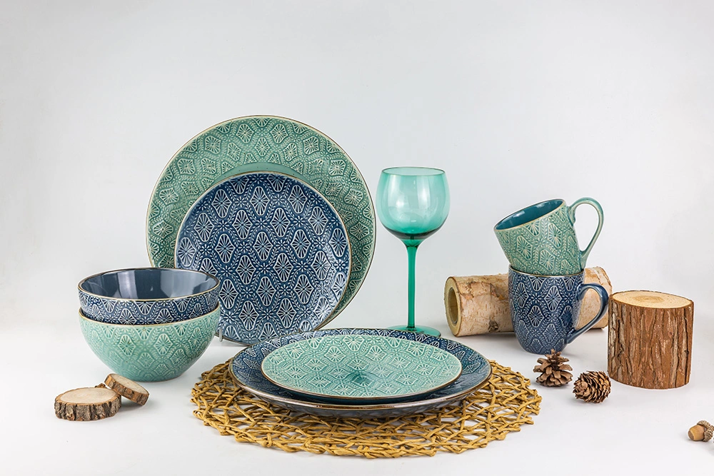 Hot Sale Ceramic Dinnerware Stoneware Embossed Dinner Set with Color Glaze Nordic Style