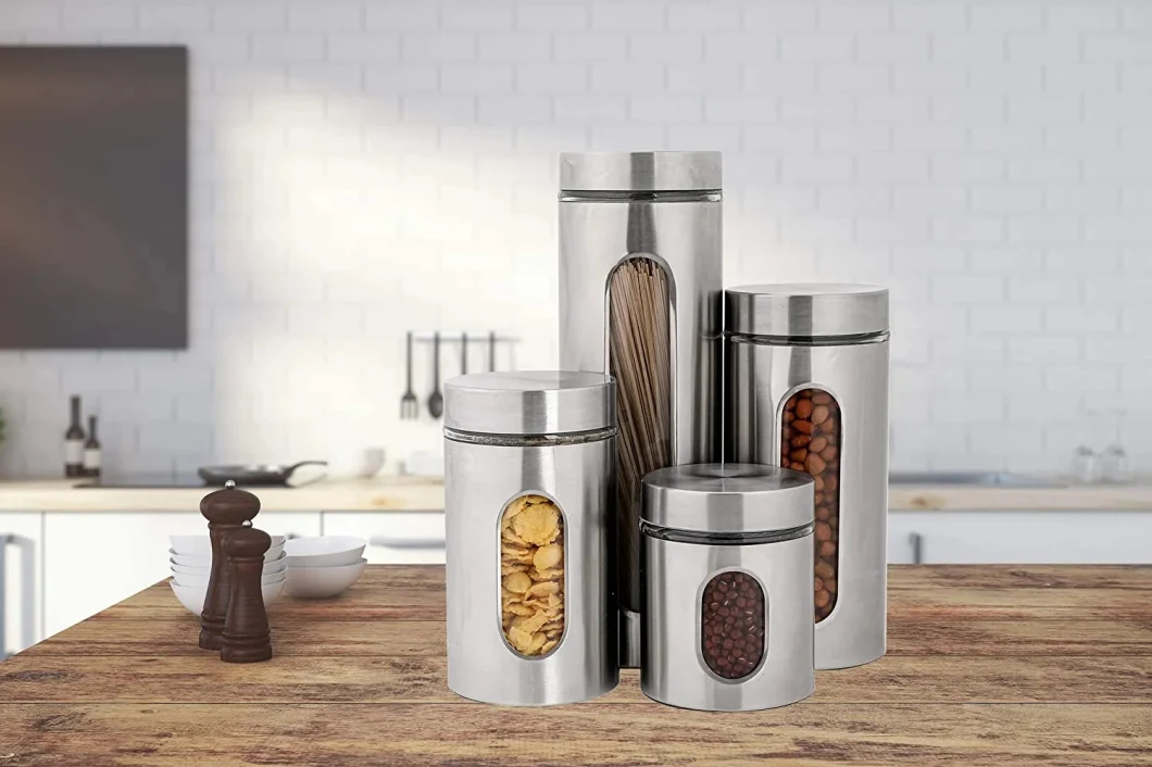 Factory Wholesale Kitchen Brushed Stainless Steel Glass Tea Coffee Sugar Storage Jar Canister Set with Metal Lid