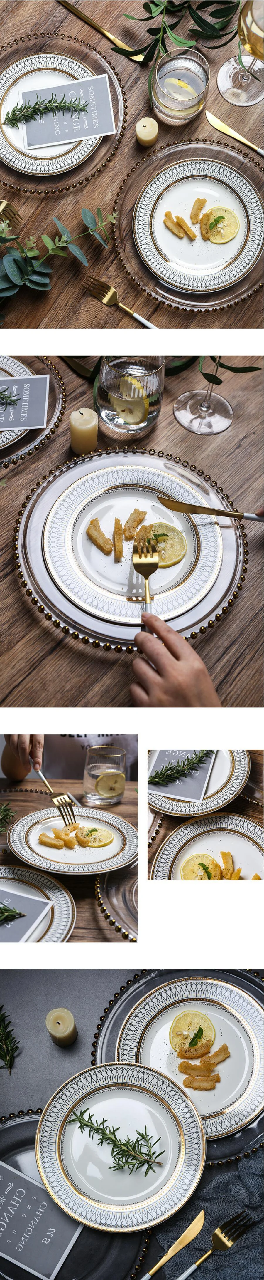 Porcelain Gold-Plated Steak Salad Vegetable Fruit Plate Glass Food Container Ceramics Plate