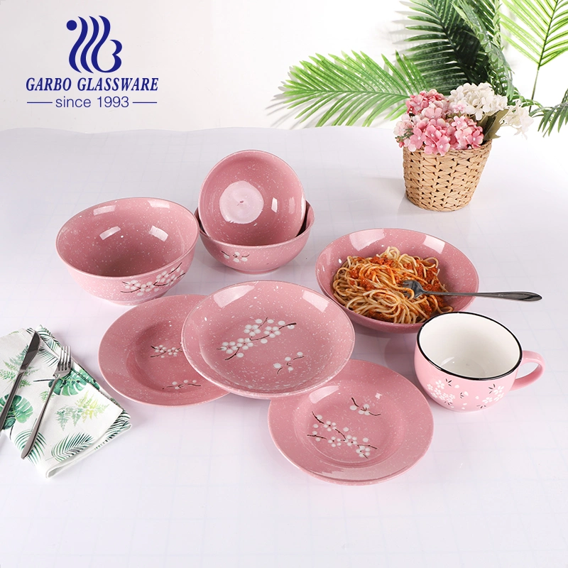 Cherry Blossoms Porcelain Set Bulk Pink Colored Ceramic Stoneware Dinnerware Set