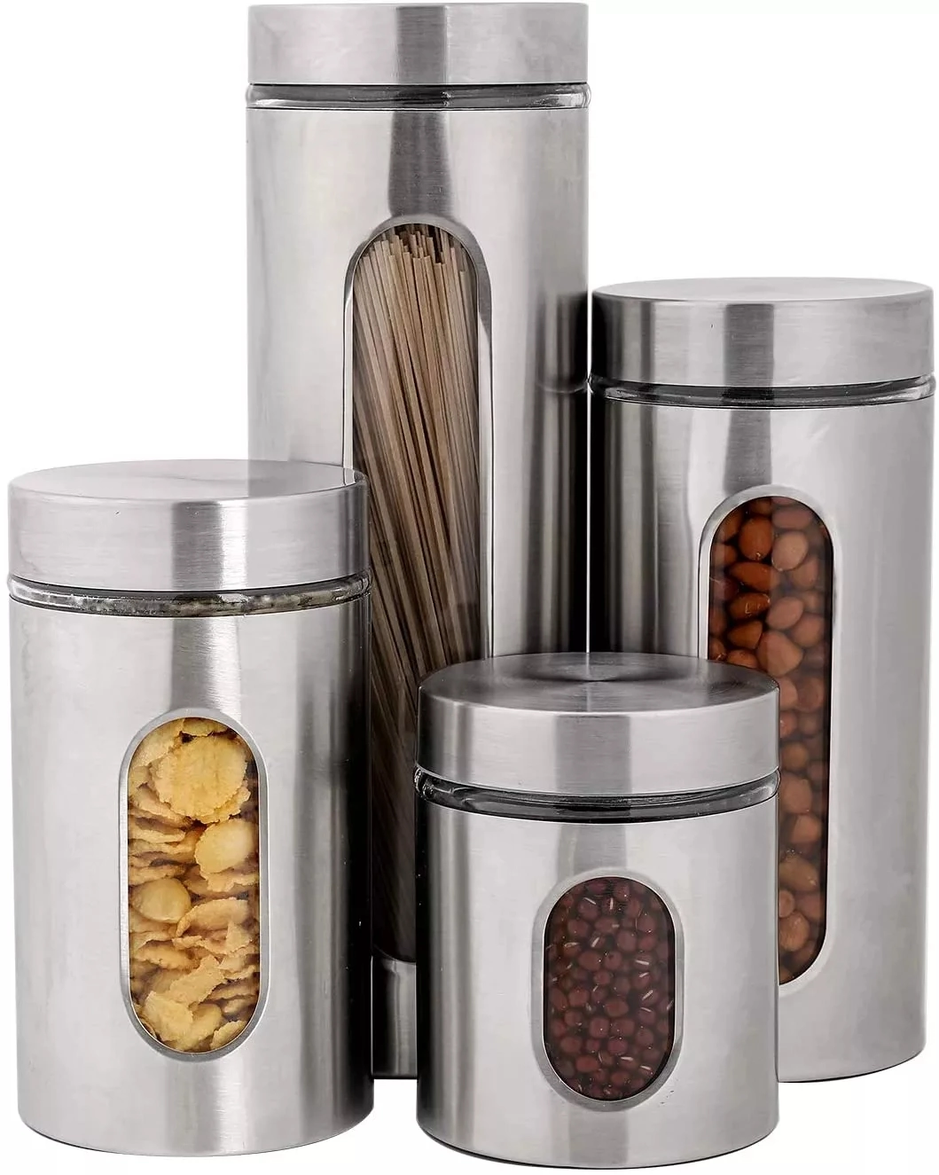 Factory Wholesale Kitchen Brushed Stainless Steel Glass Tea Coffee Sugar Storage Jar Canister Set with Metal Lid