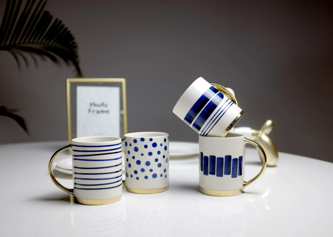 Coffee Milk Ceramic Mugs Classic Shape Fresh Design 14oz Electroplating Gold Handmade Porcelain Ware Blue