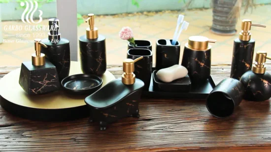 Luxury Ceramic Bottle 320ml Black Color Ceramic Bathroom Set Toothbrush Holder Tumbler & Soap Dish Soap Dispenser Bottle