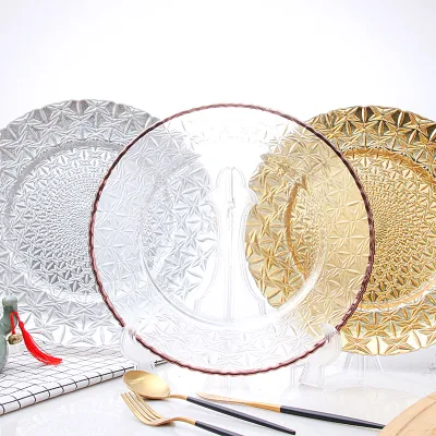 Creative European Round 33 Cm Glass Dining Plate Color Golden Silvery Rose Gold Edge Glassware Tableware