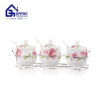 Wholesale Ceramic Tableware Flower Decal Porcelain Ceramic Cruet Set of 3 with Spoon and Lid