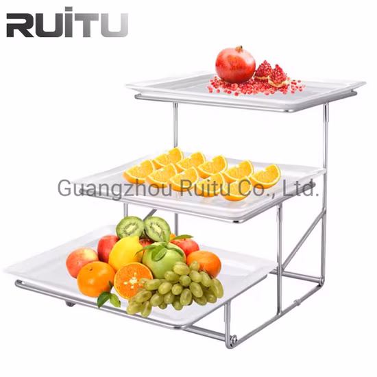 Hotel Restaurant Banquet 4 Tier Shelf Rack Plates Bowls Set Buffet Catering White Serving Food Cake Sanck Dish Salad Ceramic Bowl with Stainless Steel Stand